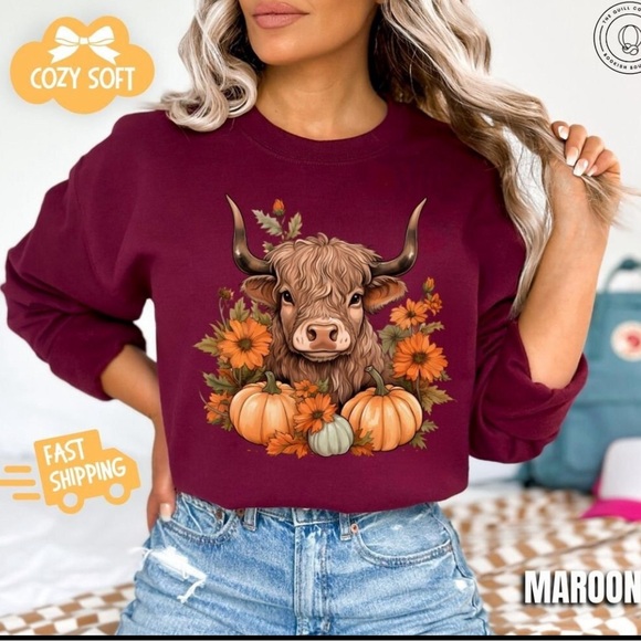 ➕ 🍂🍁 Fall Gildan Highland Cow Pumpkin Sweatshirt Sz 2XL - Picture 3 of 4